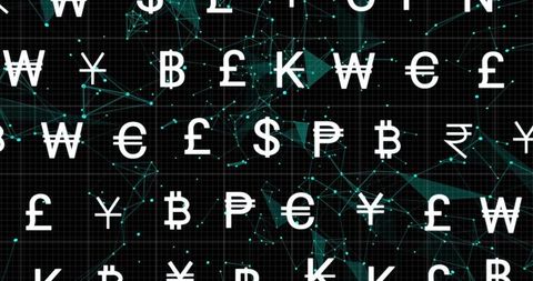 Neon network of global currency symbols on grid background for fintech and blockchain visualization