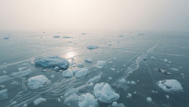 Sunlit arctic ice field witer textures and cracks reflecting calm serenity
