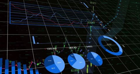 3D Financial Analytics Dashboard Visualizing Blue Pie Donut Bar Line Candlestick Charts