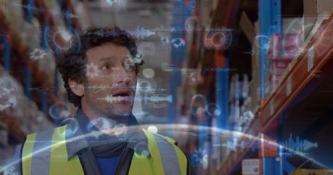Warehouse worker studying augmented reality hud for inventory analytics and logistics