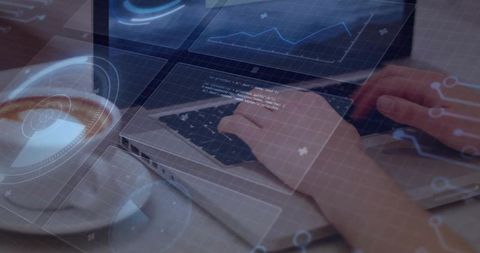 Hands Typing on Laptop with Futuristic Holographic UI Overlays