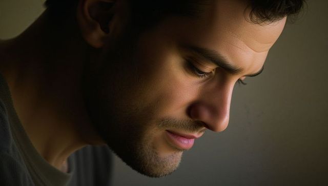 Reflecting man in low light closeup portrait showing skin texture and soft rim lighting