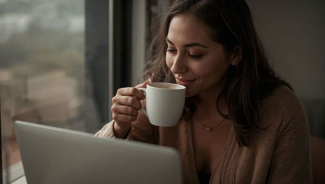Sipping coffee while working on laptop by window in cozy cardigan