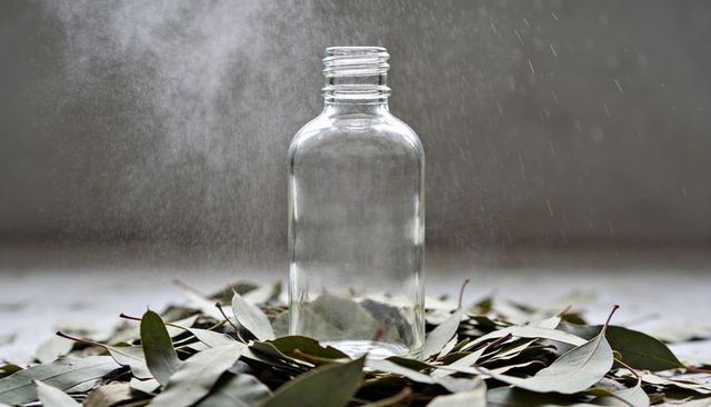 Clear glass bottle on eucalyptus leaves with fine mist and soft reflections