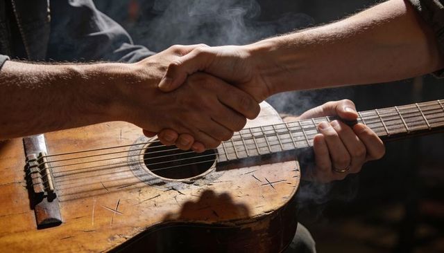 Shaking hands over worn acoustic guitar during intimate music collaboration