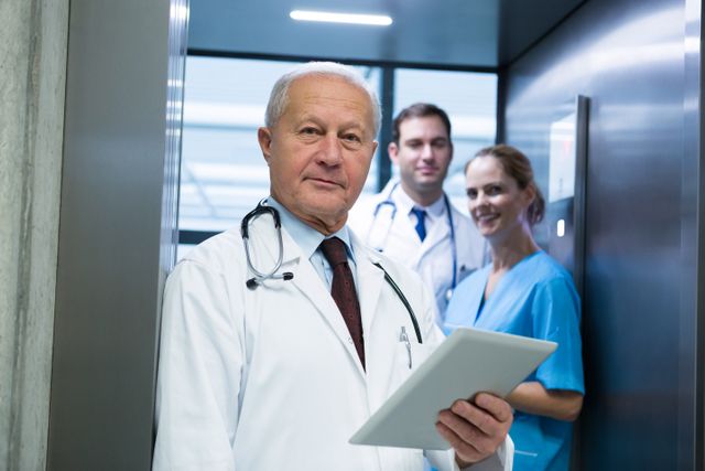Senior doctor holding tablet, standing with surgeon and nurse in hospital elevator. Ideal for healthcare, medical team collaboration, hospital environment, and medical technology themes.