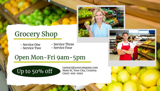 Friendly Grocery Shop Offers, 50 percent Discounts, and Opening Hours - Download Free Stock Templates Pikwizard.com