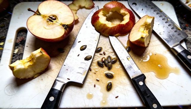 Three knives slicing juicy apples on white cutting board with seeds and juice spills