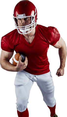 Energetic american football player running with the ball transparent background