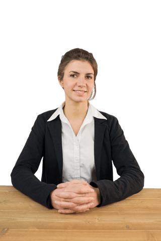 Transparent businesswoman smiling at camera in studio with confident pose