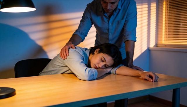 Late-night office exhaustion: colleague comforting woman resting head on desk under lamp