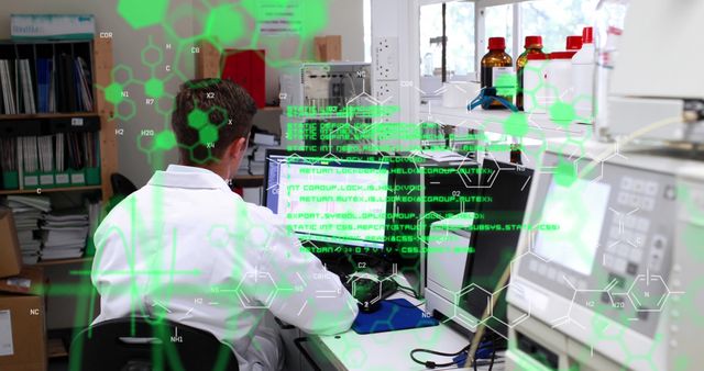 Image of medical data processing over caucasian male scientist using computer at laboratory. Research and science technology concept