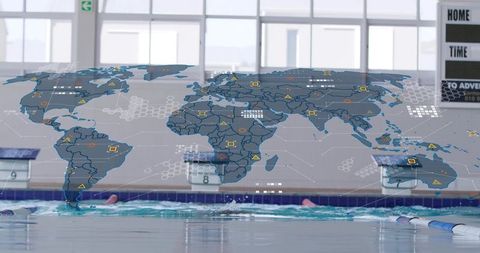 Competitive swimmers racing in indoor lap pool with world map data overlay for training