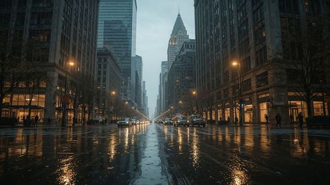 Wet urban street by night with charlotte skyscrapers and taxis
