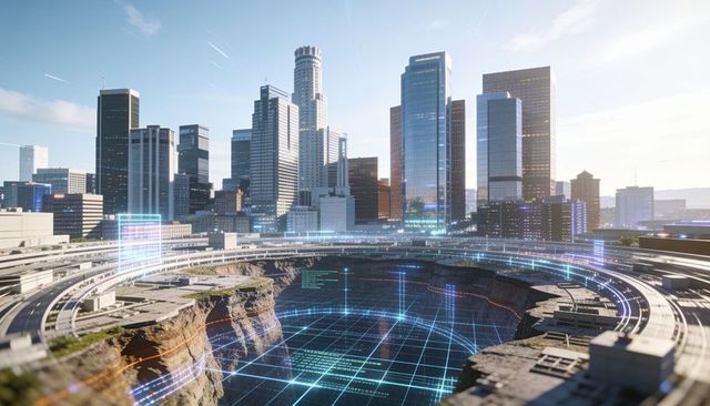 Futuristic downtown skyline with massive excavation, holographic ar grid and ring road