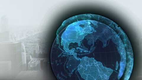 Futuristic Globe Overlay on Modern Cityscape