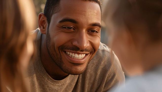 Smiling man leaning forward during golden hour conversation wearing gray crewneck sweater