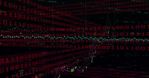 Binary Data Flow with Financial Chart on Dark Grid Background