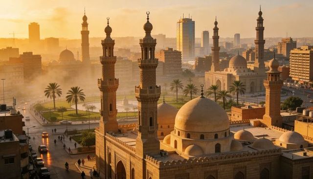 Golden-hour mosque complex dominating urban roundabout with domes and minarets