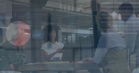 Digital financial data overlapping office meeting