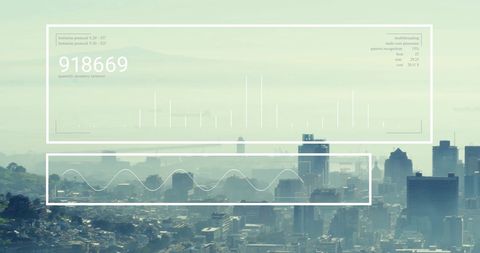 Digital data analytics over modern cityscape background