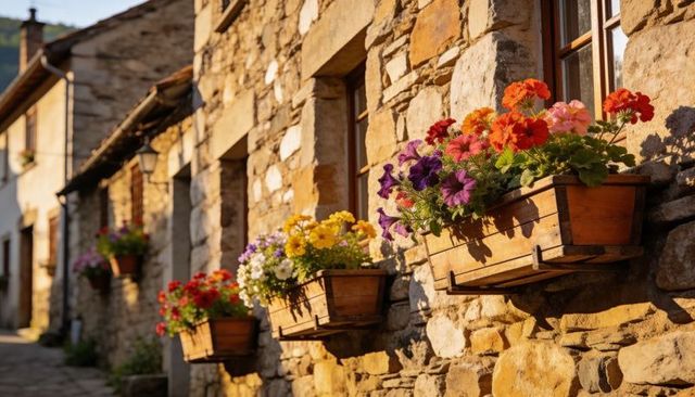 Sunlight casting warm glow on flower-filled window boxes along rustic stone cottage