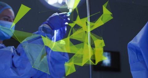 Clinician adjusting iv line in operating room with green holographic data overlay