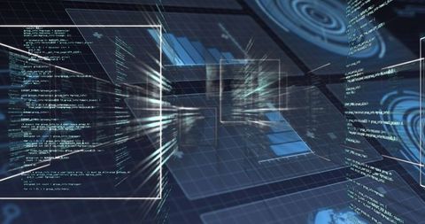 Futuristic digital interface with 3d data grid and floating code