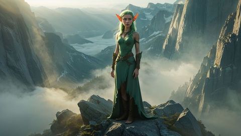 Elf Explorer in Misty Fantasy Mountain Range Adventure