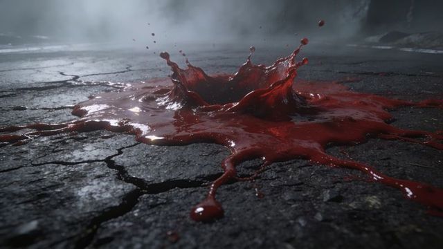 Crimson splash crown on cracked asphalt, glossy viscous liquid droplets, cinematic mood