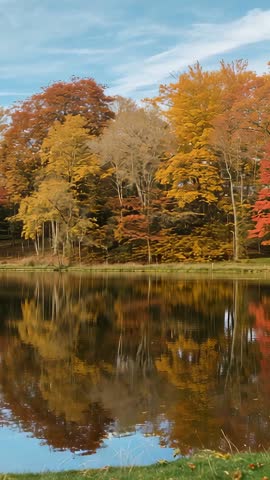 Vertical footage of swaying autumn trees reflecting on calm pond with gentle ripples