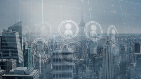 Global Networking Icons Over Cityscape Skyline