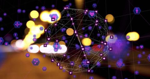 Digital Network Connections with Social Media Icons and Blurred City Lights