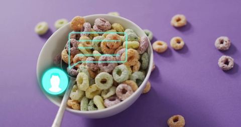 Minimalist breakfast cereal bowl with digital interface overlay