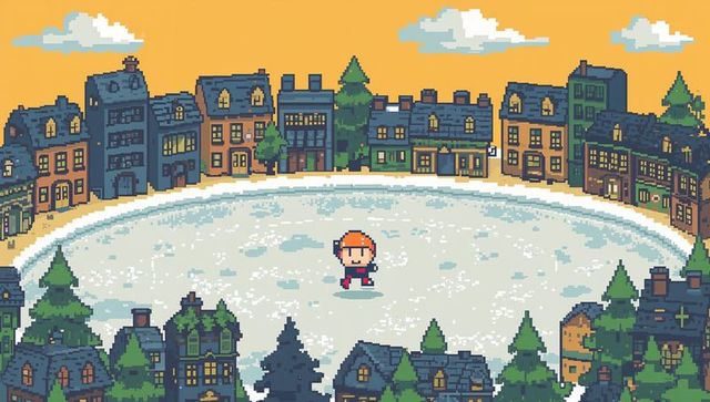 Pixel town square frozen pond with lone skater in red hat retro 8bit winter scene