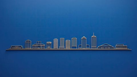 Minimal line art city skyline on blue background, knoxville concept