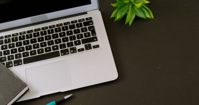 Image of a tidy, minimalist workspace featuring an open laptop, a small notebook, a pen, and a succulent plant on a dark desk. This could be used in articles or blogs about productivity, remote work, workspace organization, or minimalist living. Ideal for websites and promotional materials targeting professionals, students, or anyone focused on building an efficient workspace.