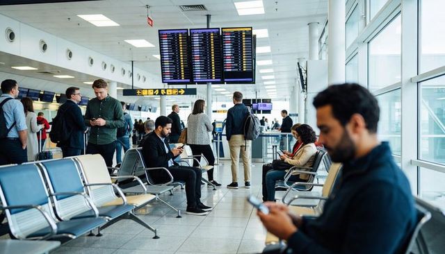 Modern airport gate with travelers waiting and using smartphones by departure board