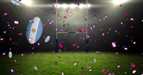 Argentinian Rugby Balls and Confetti Celebrating in Stadium Lights
