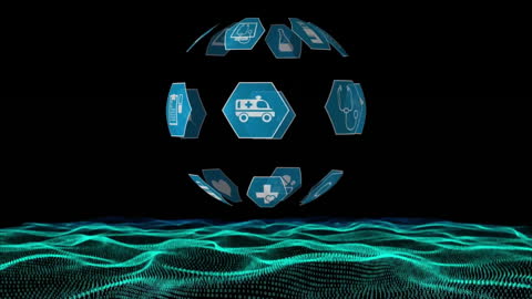 Animated Sphere Displaying Medical Icons and Digital Waves