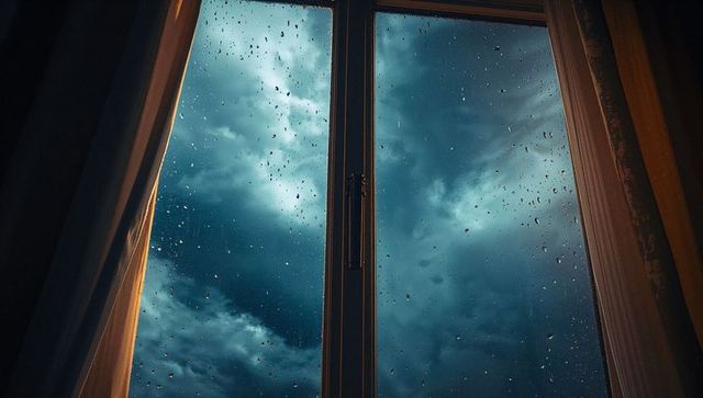 Stormy Sky Viewed Through Window with Rain and Curtains