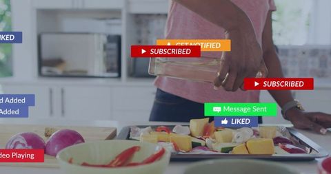 Woman pouring oil over vegetable tray with social media notifications and cooking content