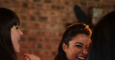 Happy Young Women Laughing Together at Pub Party
