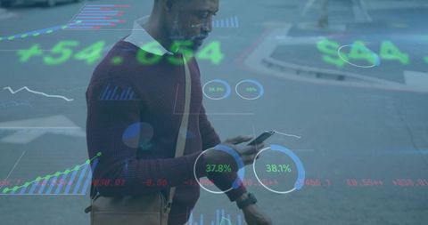 Man Engaging with Augmented Reality Financial Analytics in Urban Setting