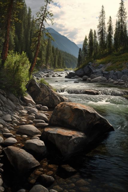 Beautiful landscape of river creek with rocks and mountains, created using generative ai technology. Nature, harmony and landscape concept digitally generated image.