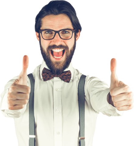 Cheerful man with glasses showing thumbs up transparent