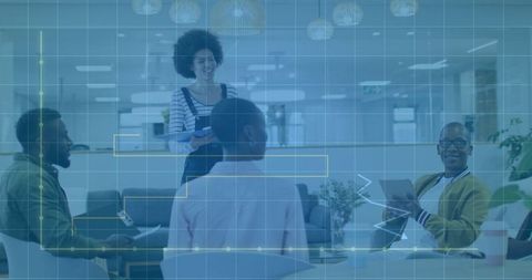 Collaborative Office Meeting with Futuristic HUD Elements