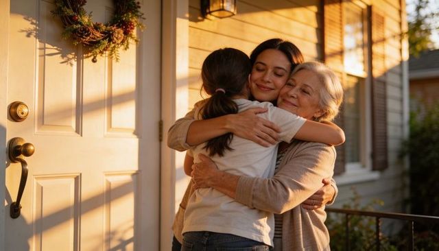 Multigenerational family embracing on sunlit front porch during golden hour