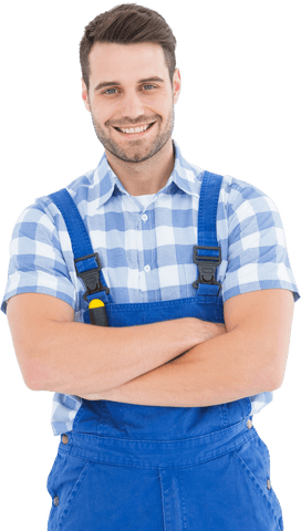 transparent male handyman smiling with folded arms in overalls - Download Free Stock Videos Pikwizard.com