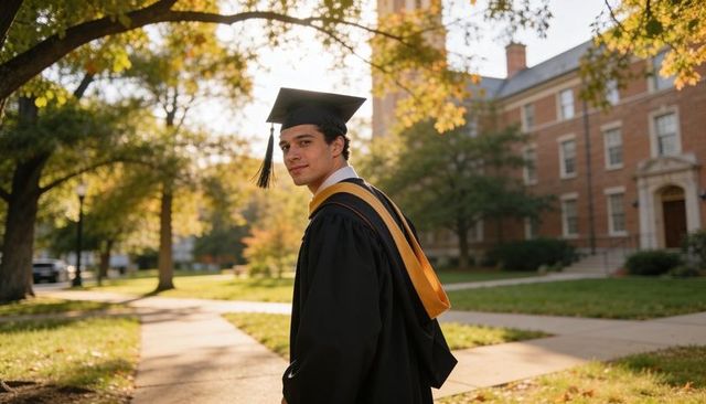 Male graduate in cap and gown looking back on college campus walkway in autumn sunlight